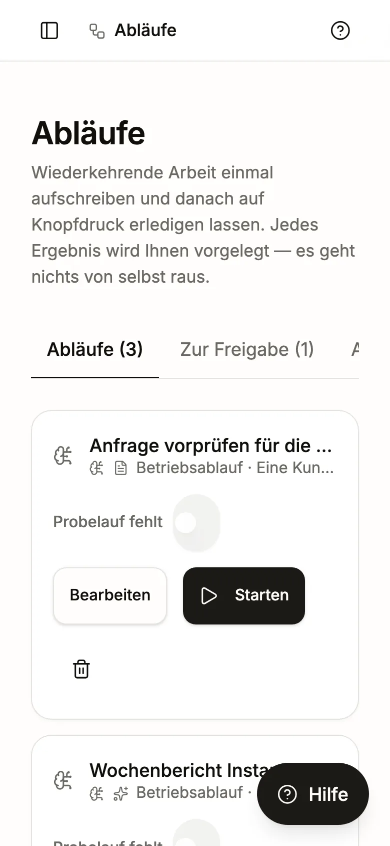 Abläufe in der Oase: Liste der Abläufe mit Probelauf und Reiter „Zur Freigabe“