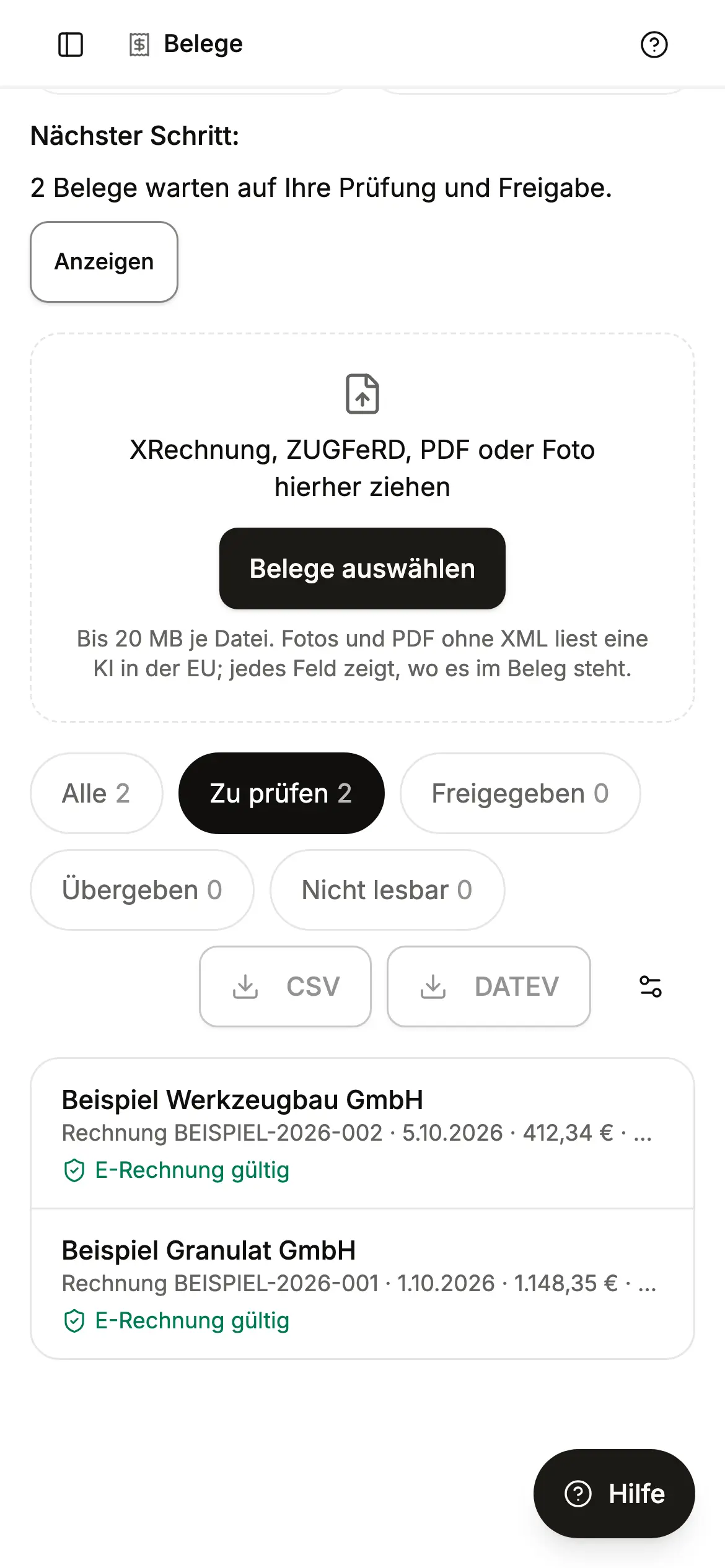 Belege in der Oase: nächster Schritt, Hochladen, Filter nach Stand und eine Liste mit zwei Beispielrechnungen, beide mit dem Hinweis „E-Rechnung gültig“