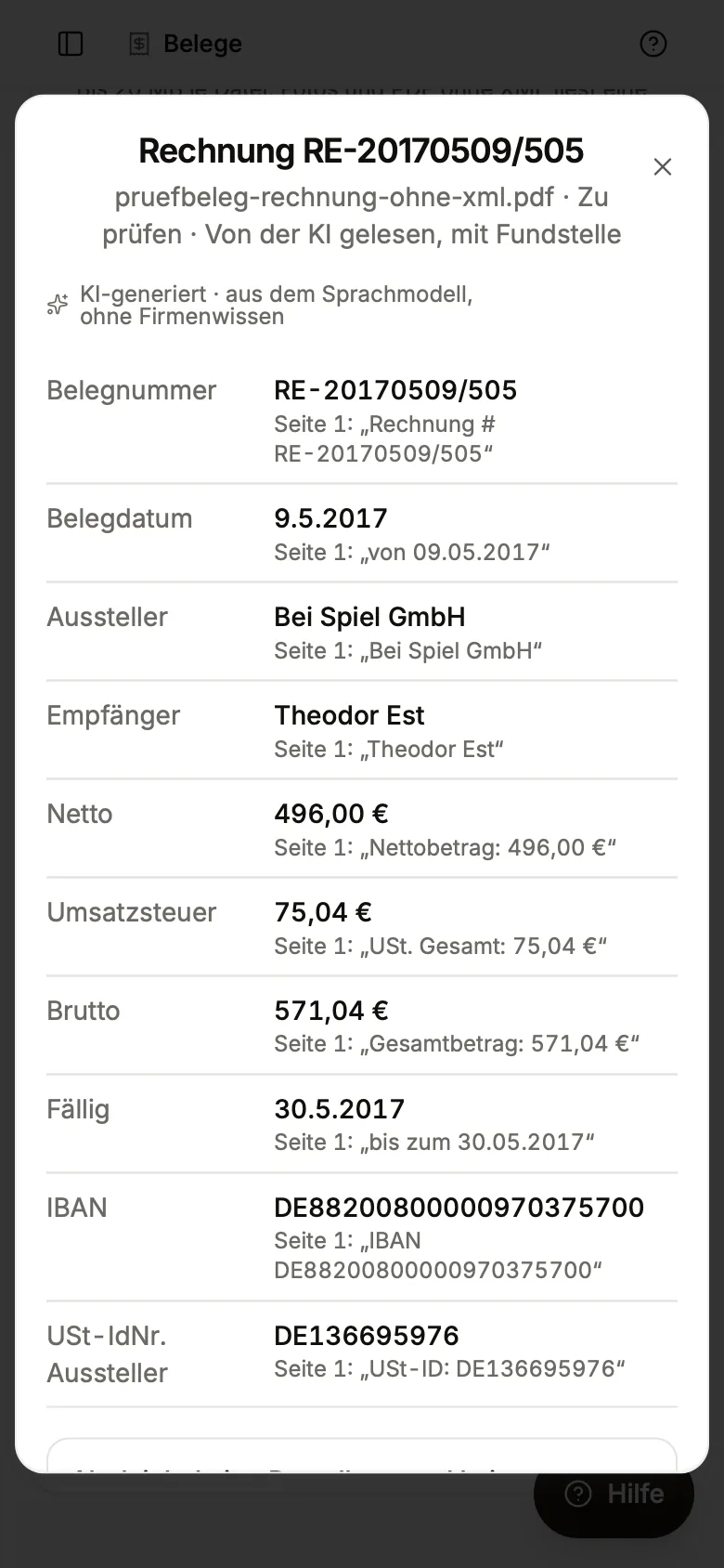 Rechnung RE-20170509/505, von der KI gelesen: Belegnummer, Datum, Aussteller, Netto, Umsatzsteuer und Brutto, jeweils mit „Seite 1“ und dem Zitat aus dem Beleg