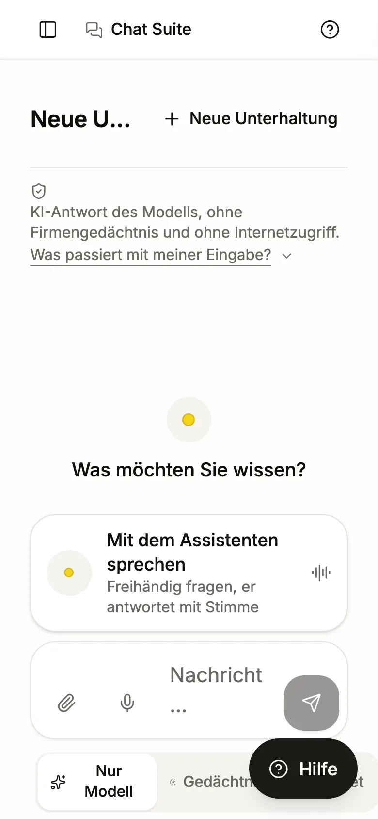 Chat Suite in der Oase auf dem Handy: Eingabefeld, Sprechen mit dem Assistenten, Hinweis zur Verarbeitung