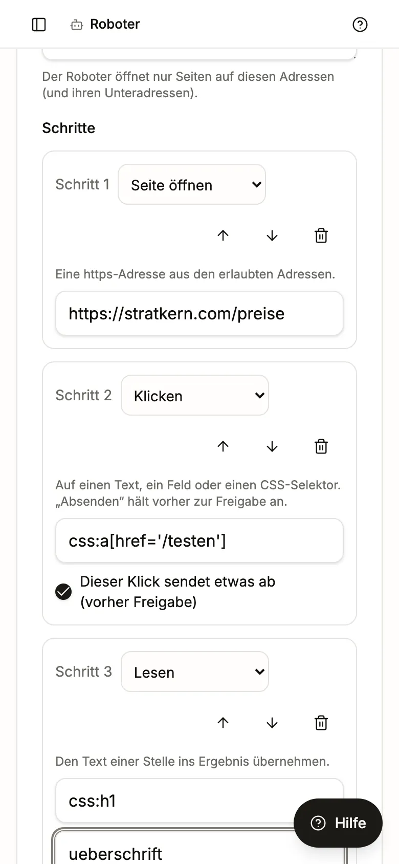 Roboter bearbeiten: Name, erlaubte Adresse stratkern.com, Schritt 2 „Klicken“ mit Häkchen „Dieser Klick sendet etwas ab (vorher Freigabe)“