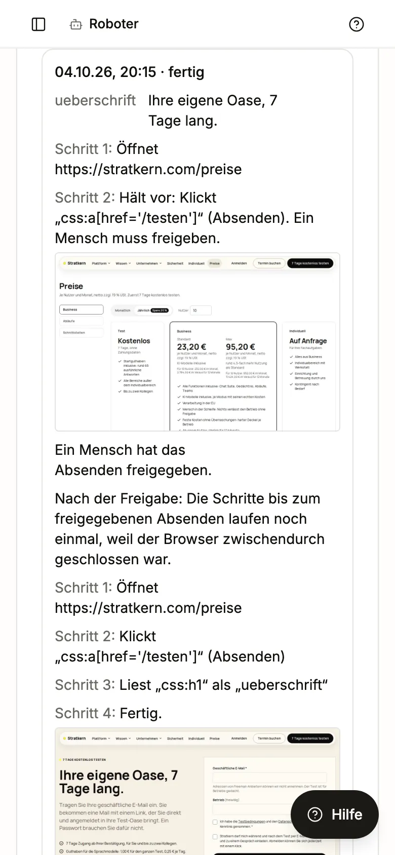 Fertiger Lauf: Ergebnis „ueberschrift“, Protokoll mit Anhalten, Freigabe durch einen Menschen und den weiteren Schritten, darunter ein Bild der Seite
