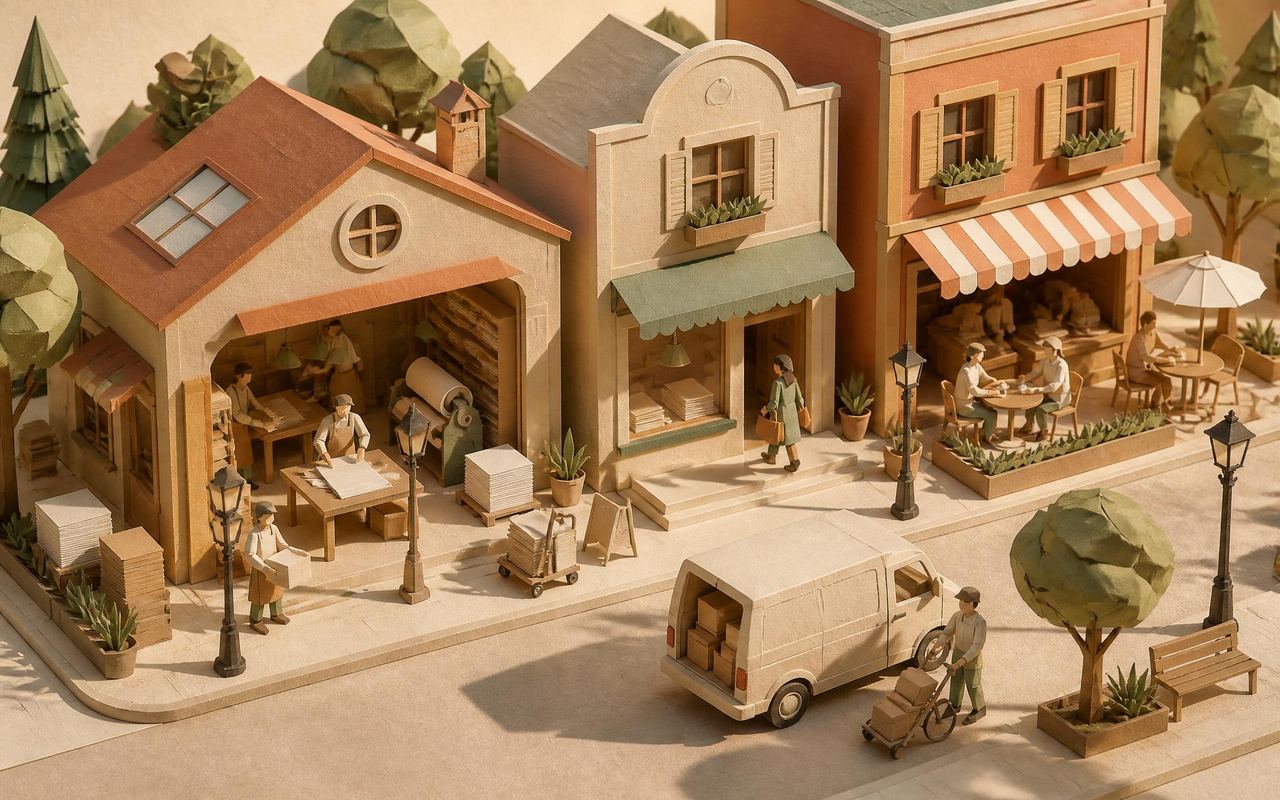 Papercraft-Diorama: lebendiger kleiner Betrieb — Werkstatt, Laden, Café und Lieferwagen in isometrischer Miniatur.