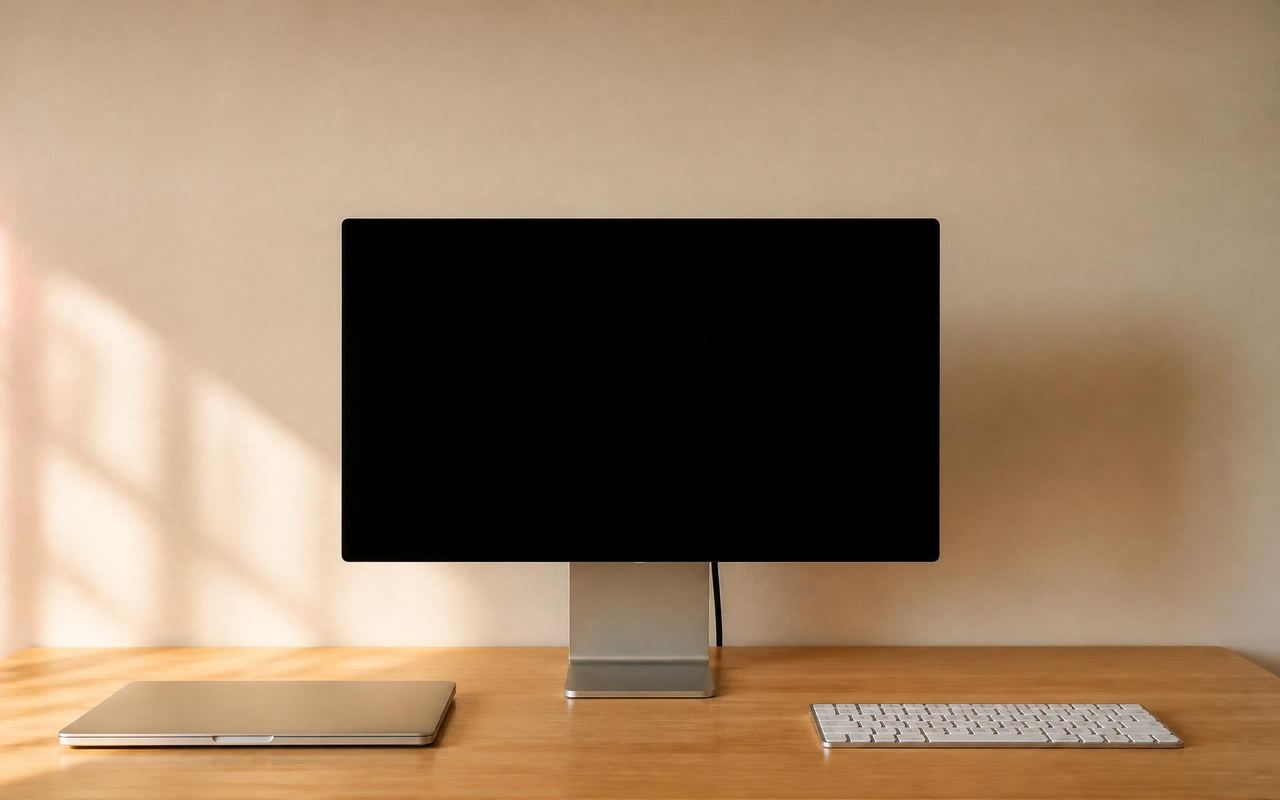 Arbeitsplatz mit Monitor auf einem Holztisch — Symbolbild für die Oase von Stratkern.