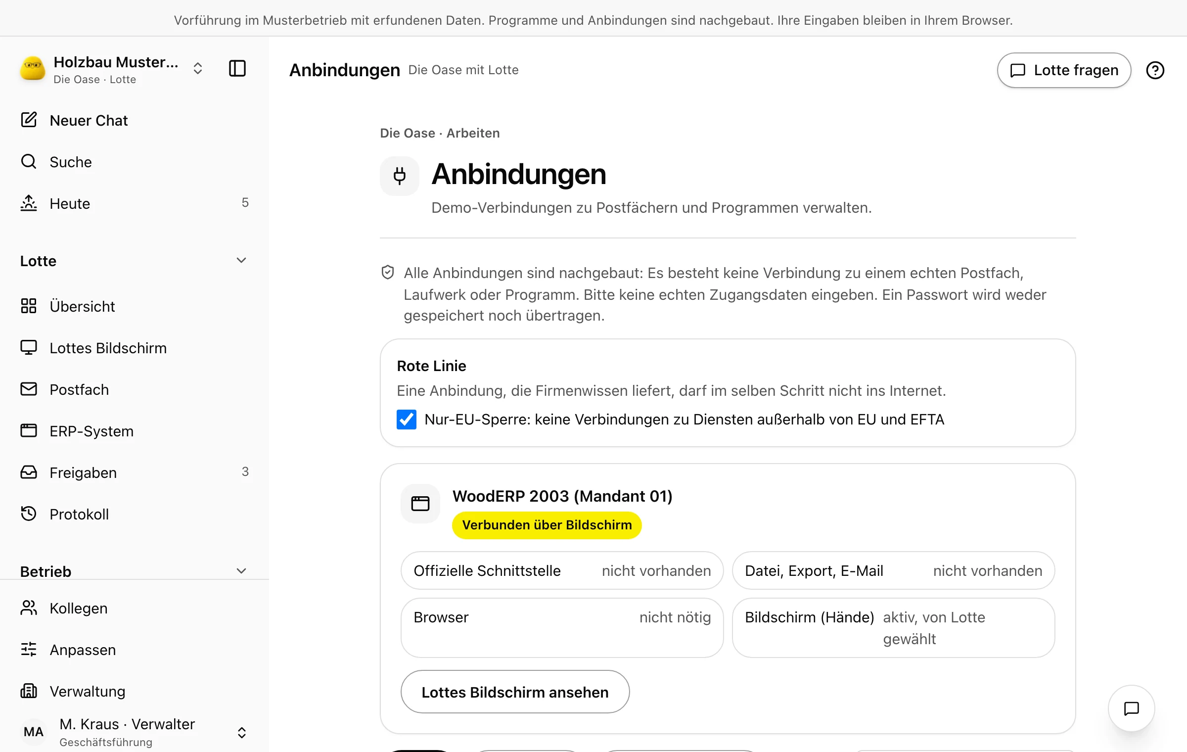 Anbindungen: nachgebaute Verbindungen zu Programmen, mit Hinweis auf die Vorführung