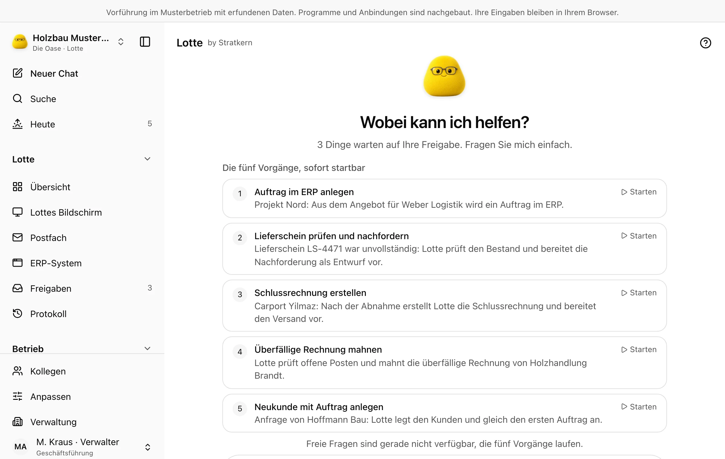 Startseite der Oase mit den fünf Vorgängen als Karten, links die Navigation, Assistent Lotte