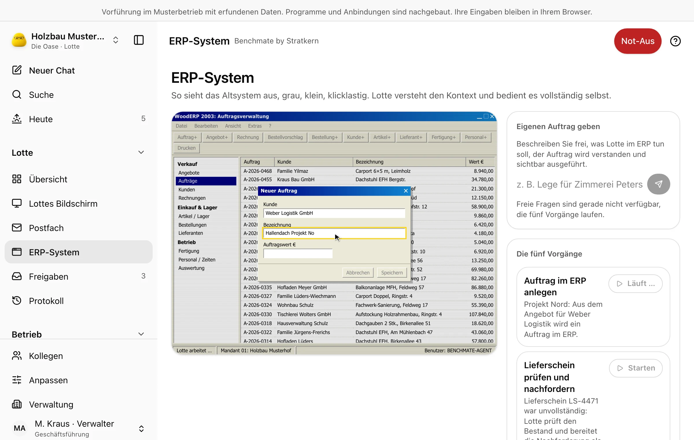 Das ERP WoodERP 2003, in dem Lotte gerade einen neuen Auftrag anlegt, daneben das Live-Protokoll